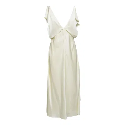 Jil Sander Long Cream Satin V-neck Dress