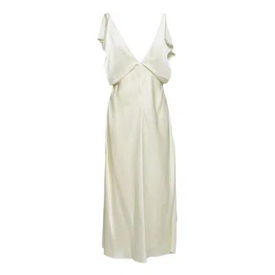 Jil Sander Long Cream Satin V-neck Dress In Neutrals
