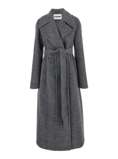 Jil Sander Long Grey Coat With Belt In Wool Blend