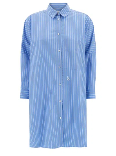 JIL SANDER LONG LIGHT BLUE STRIPED SHIRT WITH LOGO EMBROIDERY IN COTTON WOMAN