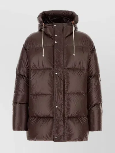 Jil Sander Long Quilted Down Jacket Hood In Brown