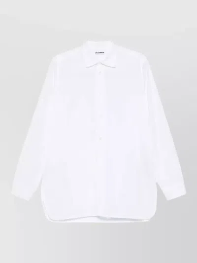 Jil Sander Long Sleeve Curved Hem Tailored Collar Shirt In White