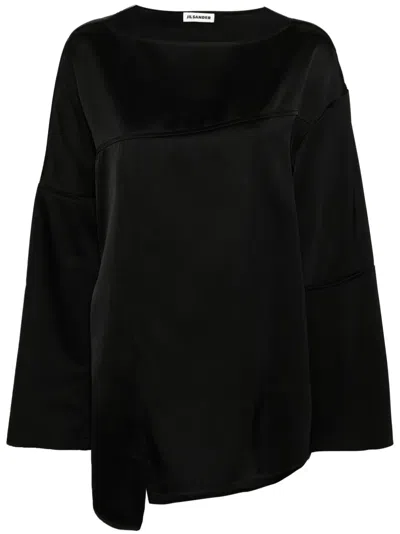 Jil Sander Asymmetrical Boat Neck Long Sleeve Top In Black