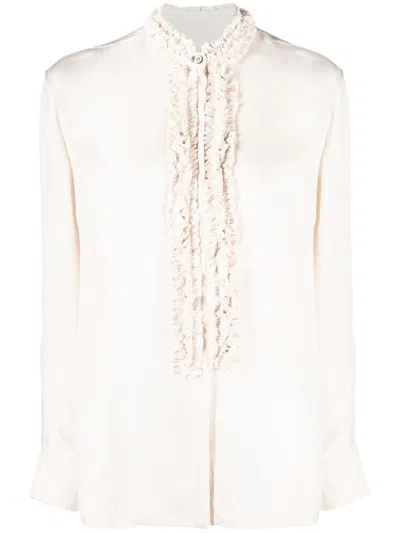 Jil Sander Long Sleeve Shirt With Ruffled Front Placket In Neutral