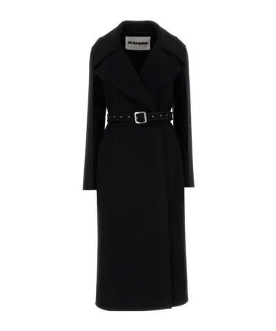 Jil Sander Wool Coat With Belted Waist And Notched Lapels In Black