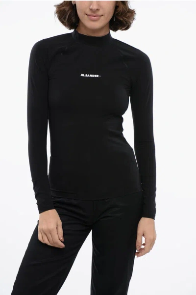 JIL SANDER LONG-SLEEVED TECH FABRIC TOP WITH PRINTED LOGO