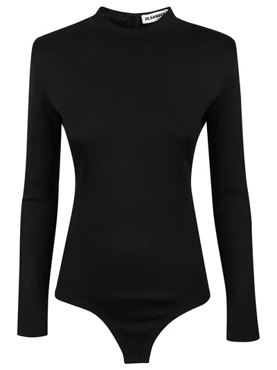 Jil Sander Long-sleeve Fitted Bodysuit With High Neckline And Thong Cut In Black