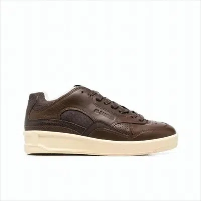 Jil Sander Low-top Cowhide Leather Sneakers With Mesh Accents In Brown