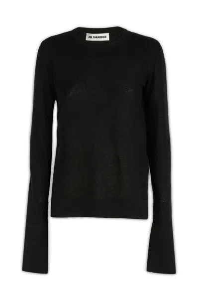 Jil Sander Cotton Blend Crew-neck Sweater With Flared Sleeves In 001