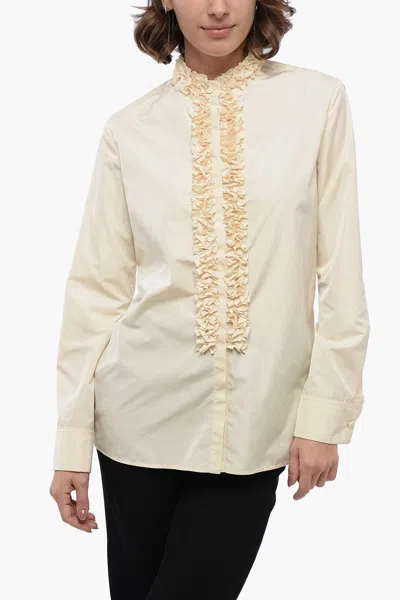 Jil Sander Mandarin Collar Nylon Shirt With Ruffled Detail In White
