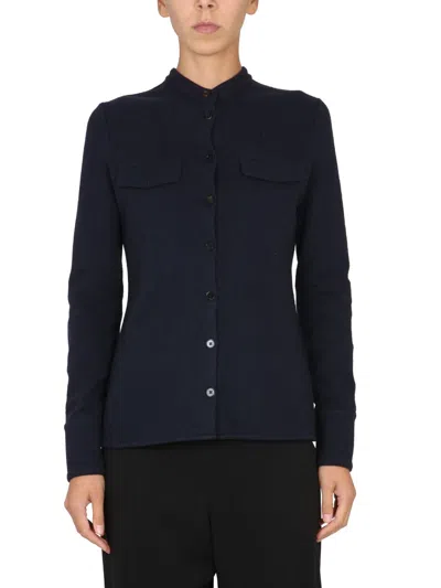 Jil Sander Mandarin Collar Utility Shirt With Pockets In Blue