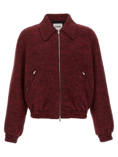 Jil Sander Mélange Wool Bomber Jacket In Burgundy