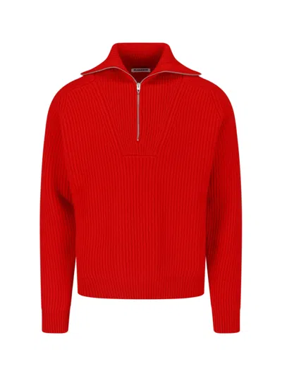 Jil Sander High Neck Half-zip Jumper In Pure Wool In Red