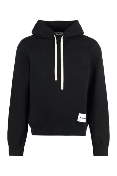 Jil Sander Men's Black Cotton Hoodie With Adjustable Hood And Logo Patch In Beige