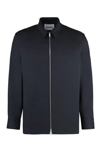 Jil Sander Blue Shirt Jacket With Zip In Black
