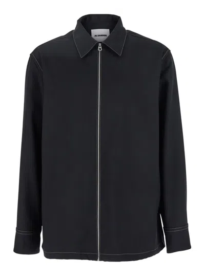 Jil Sander Men Black Zip-up Shirt With Contrasting Stitching In Tech Fabric Man