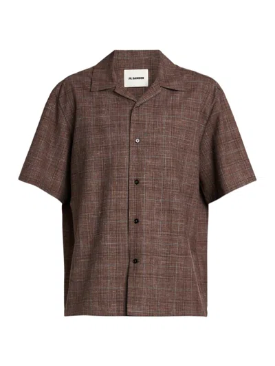 JIL SANDER MEN'S CHECKED WOOL-LINEN BUTTON-FRONT SHIRT