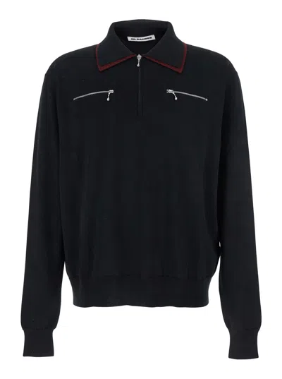 Jil Sander Men's Classic-collar Wool Sweater With Front Zip Pockets In Black