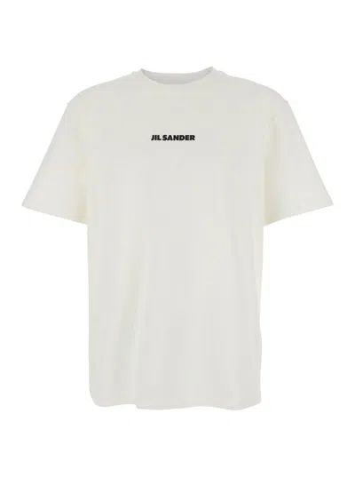 Jil Sander Men's Cotton Crew Neck T-shirt With Front Logo Lettering In White