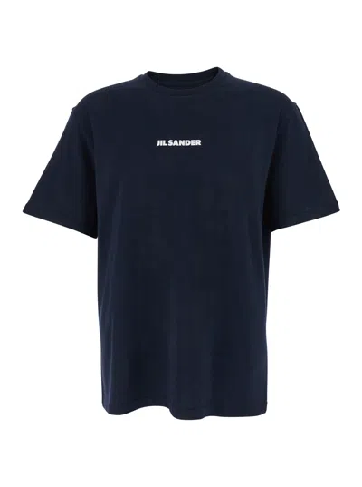 Jil Sander Men's Cotton Crewneck T-shirt With Front Logo Lettering In Blu