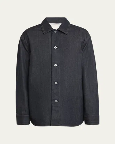Jil Sander Men's Denim Overshirt With Leather Patch In Dark Blue