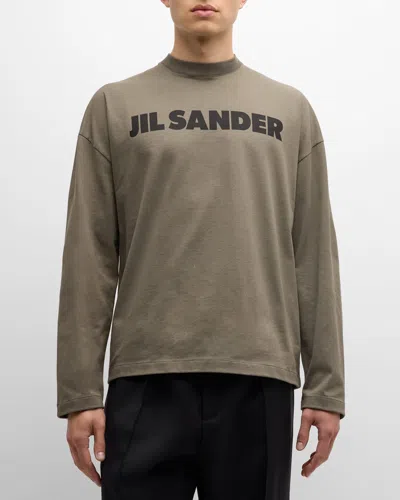 Jil Sander Men's Logo-print Cotton Crewneck Long-sleeve T-shirt In Thyme Gree