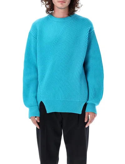 JIL SANDER MEN'S RIBBED FINE WOOL SWEATER IN TURQUOISE FOR FW23