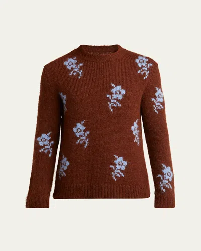 JIL SANDER MEN'S WOOL FLORAL INTARSIA CREWNECK SWEATER