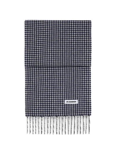 Jil Sander Micro-checkered Handknit Scarf In Blue