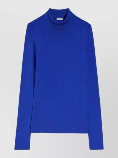 Jil Sander Mock Neck Long Sleeve Ribbed Knit Sweater In Blue