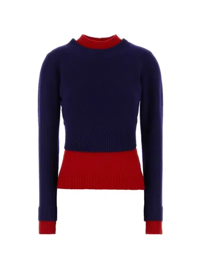 Jil Sander Double Layer Mock Neck Knitted Sweater In Blue
