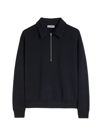 Jil Sander Monogram-embroidered Polo-collar Sweatshirt In Black