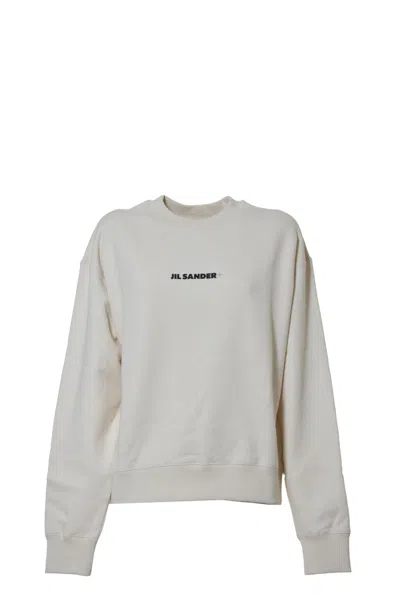 Jil Sander Natural White Cotton Crewneck Sweatshirt With Logo In Beige
