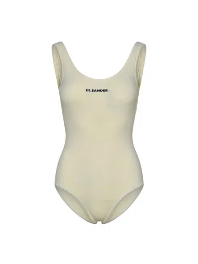 Jil Sander One-piece Swimsuit With Logo And Scoop Neckline In Beige