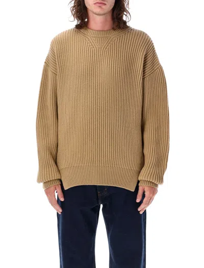 Jil Sander Oversized Brown Crewneck Knit Sweater For Men In Camel