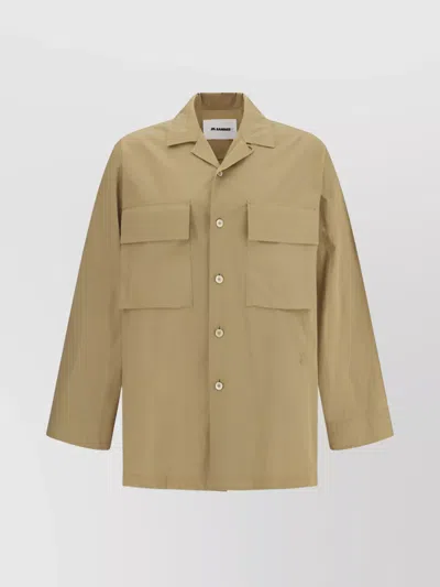 Jil Sander Oversized Cuban Collar Shirt With Flap Pockets In Beige