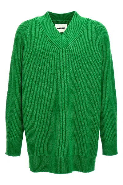 Jil Sander Oversized V Neck Ribbed Knit Sweater In Green