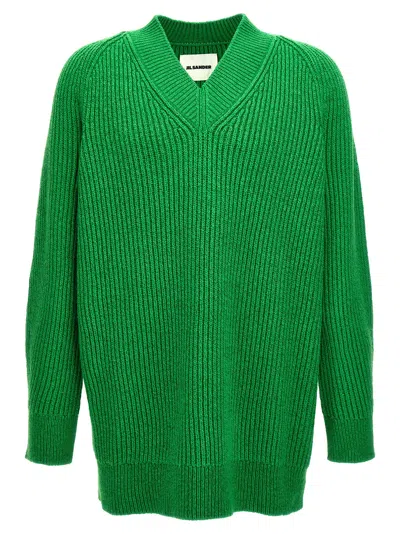 Jil Sander Oversized V Neck Ribbed Knit Sweater In Green