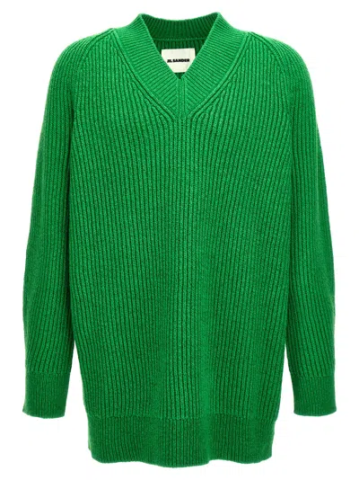 Jil Sander Oversized V Neck Ribbed Knit Sweater In Green
