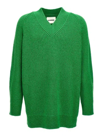 Jil Sander Oversized V Neck Ribbed Knit Sweater In Green