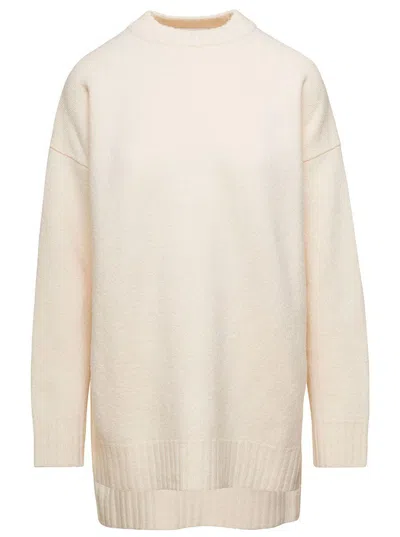 JIL SANDER OVERSIZED WHITE CREWNECK SWEATER WITH SHORTER HEM AT THE FRONT
