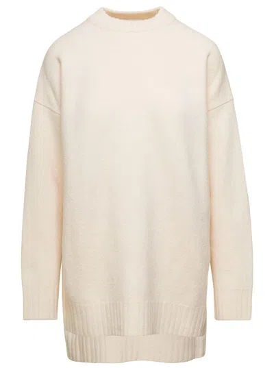 JIL SANDER OVERSIZED WHITE CREWNECK SWEATER WITH SHORTER HEM AT THE FRONT IN WOOL WOMAN