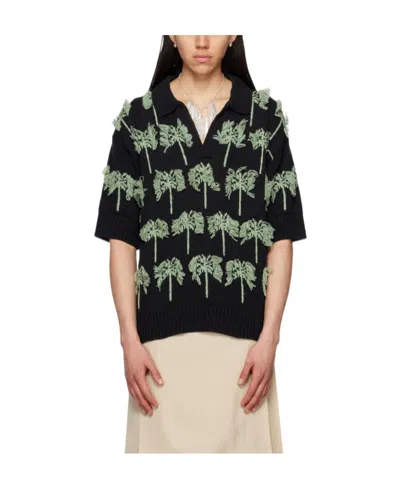 Jil Sander Palm-tree Knitted Polo Shirt In Black