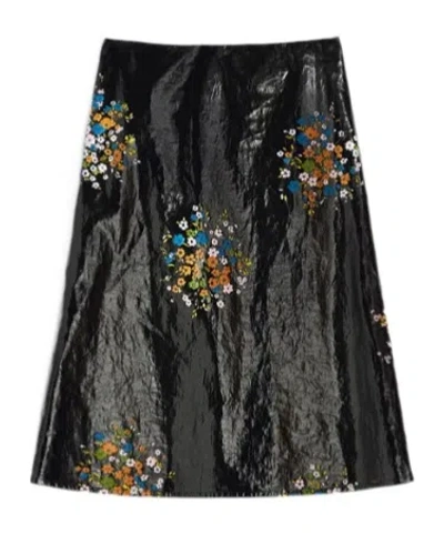 Jil Sander Patent Linen Printed Skirt In Flower Bouquet