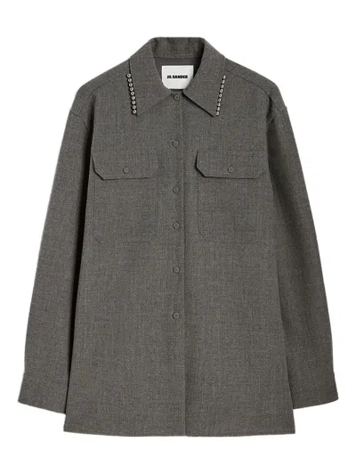 Jil Sander Pearl-embellished Button-up Shirt In Gray