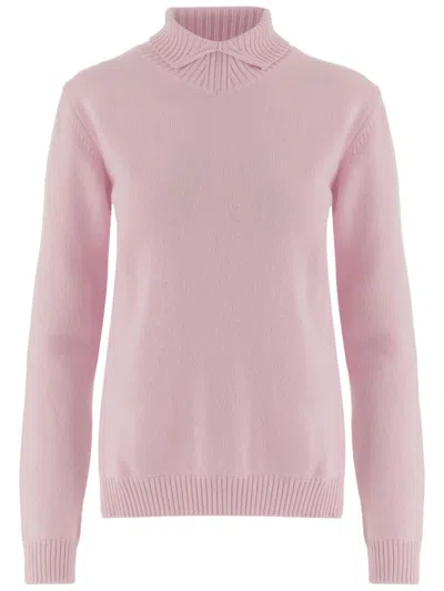 Jil Sander Pink Turtleneck Ribbed Wool Sweater