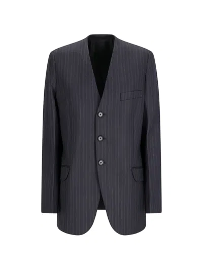 Jil Sander Pinstripe Collarless Jacket In Blue