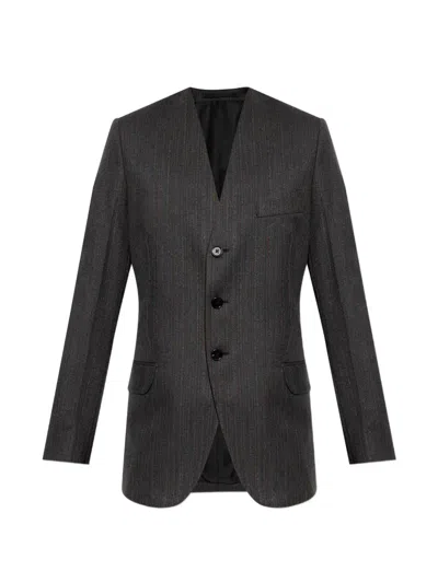 Jil Sander Pinstriped Collarless Fitted Blazer In Gray