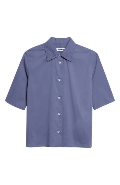 Jil Sander Pleated Collar Short Sleeve Cotton Button-up Shirt In Blue