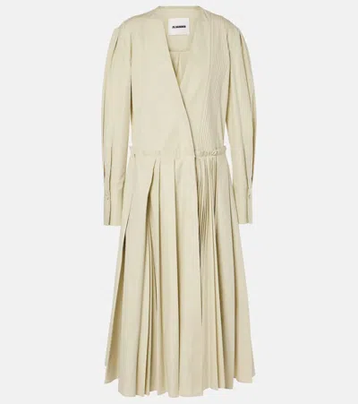 Jil Sander Pleated Cotton Poplin Midi Dress In Green